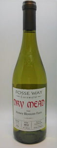 a green glass bottle of mead with a cork closure and black shrink neck capsule. A front label saying Fosse Way Cotswold Dry Mead, Vintage 2016, 750ml, alcohol by volume 12%, made with Cotswold Honey , Product of England.